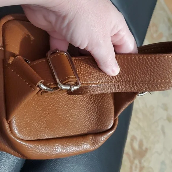 STELLA BIANCA Cuoio tan Made In Italy Leather Double Pocket Sling Belt bag - Picture 7 of 9